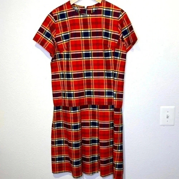 Cat Artley Red Yellow & Blue Plaid Mod Era Vintage 60s Dress Drop Waist size XL - Picture 1 of 6